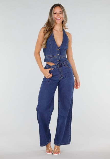 NEW080726 Blauwe Set met Gilet en Wide Leg Jeans