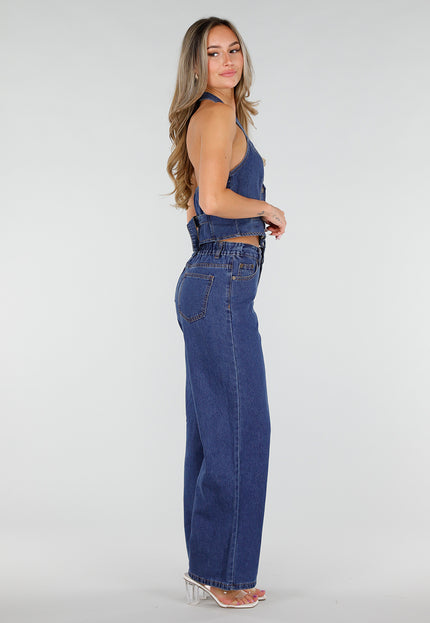 NEW080726 Blauwe Set met Gilet en Wide Leg Jeans