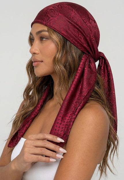 NEW080726 Bordeaux Satijnen Bandana met Bloemenprint