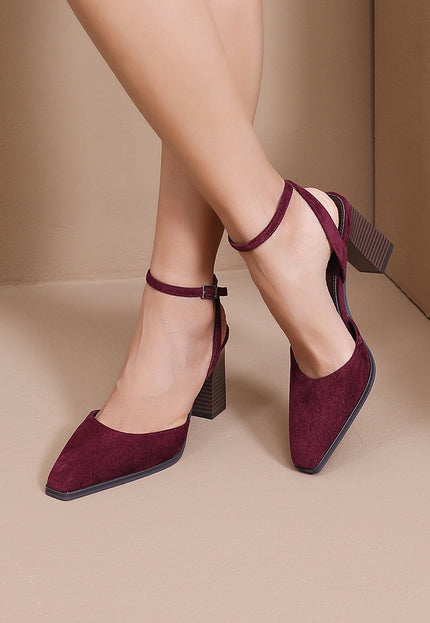NEW080726 Bordeaux Suède Enkelband Pumps