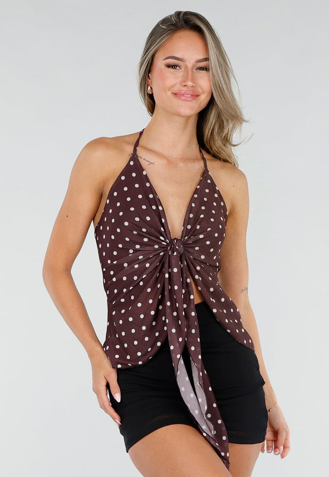 NEW080726 Bruine Halter Top met Polkadot Print en Strikdetail