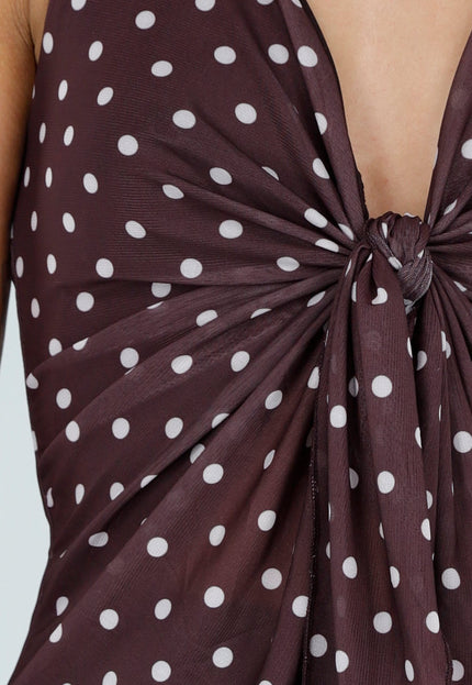 NEW080726 Bruine Halter Top met Polkadot Print en Strikdetail