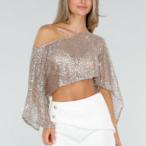 NEW080726 Champagne Glitter One Shoulder Top