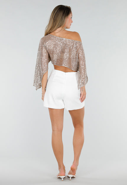 NEW080726 Champagne Glitter One Shoulder Top