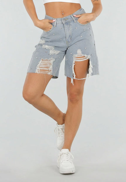 NEW080726 Denim Bermuda Shorts met Strass