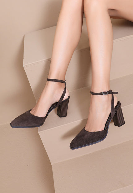 NEW080726 Donkerbruine Suède Enkelband Pumps