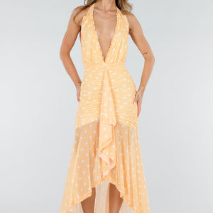 NEW080726 Gele Polkadot Halter Maxi Jurk