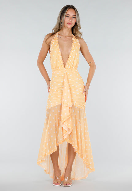 NEW080726 Gele Polkadot Halter Maxi Jurk