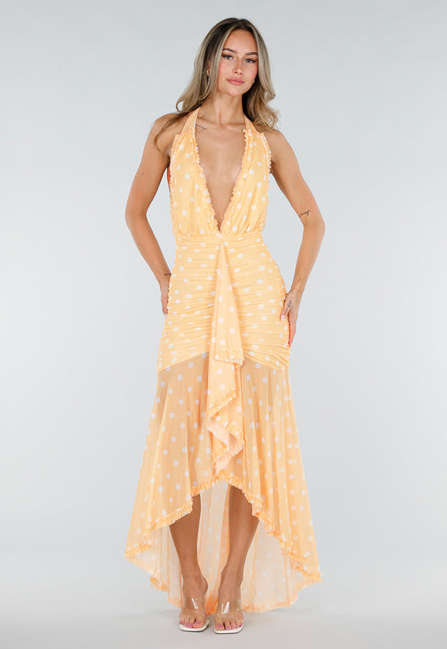 NEW080726 Gele Polkadot Halter Maxi Jurk