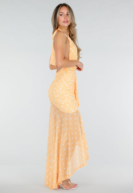 NEW080726 Gele Polkadot Halter Maxi Jurk