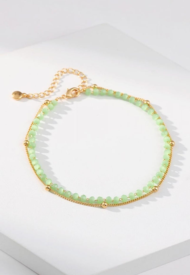 NEW080726 Goudkleurige Enkelband Set met Groene Kralen