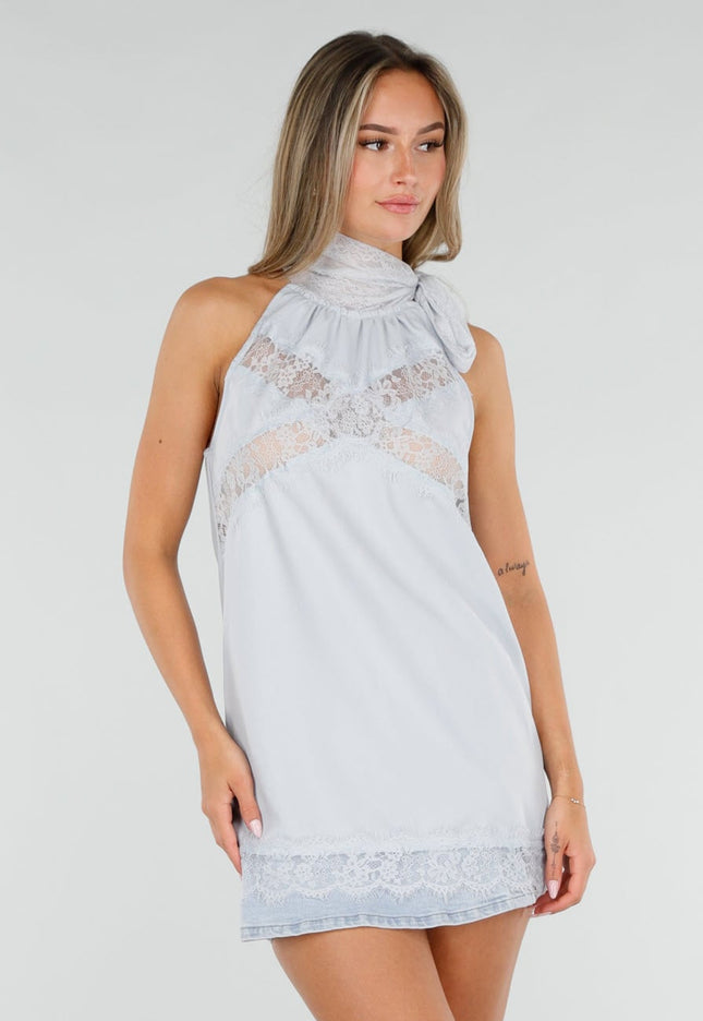 NEW080726 Lichtblauwe Halter Top met Kant en Strik