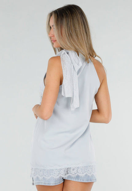 NEW080726 Lichtblauwe Halter Top met Kant en Strik
