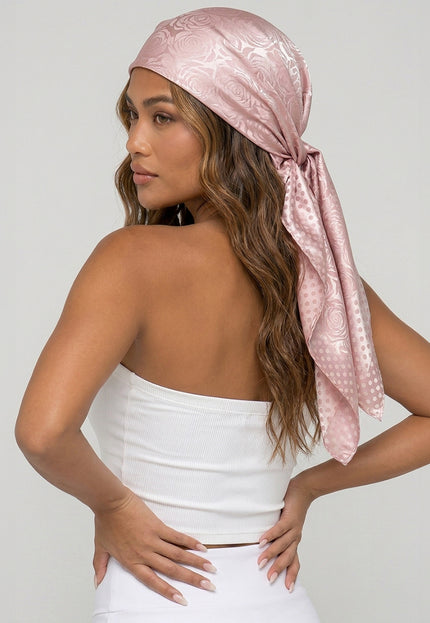 NEW080726 Lichtroze Satijnen Bandana met Bloemenprint