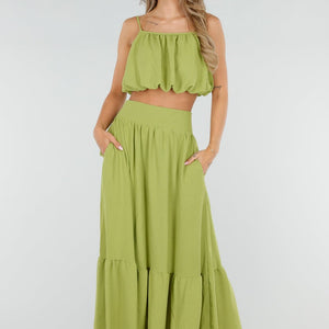 NEW080726 Olijfgroene Two Piece Set met Maxi Rok