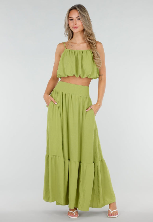 NEW080726 Olijfgroene Two Piece Set met Maxi Rok