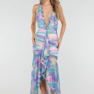 NEW080726 Pastelkleurige Halter Maxi Jurk met Stretch