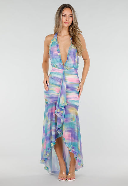 NEW080726 Pastelkleurige Halter Maxi Jurk met Stretch
