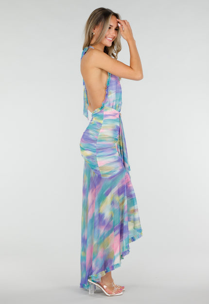 NEW080726 Pastelkleurige Halter Maxi Jurk met Stretch