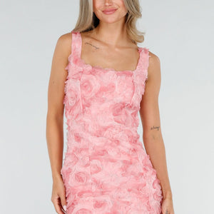 NEW080726 Roze 3D Bloemen Jurk met Brede Bandjes