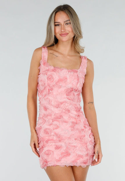 NEW080726 Roze 3D Bloemen Jurk met Brede Bandjes