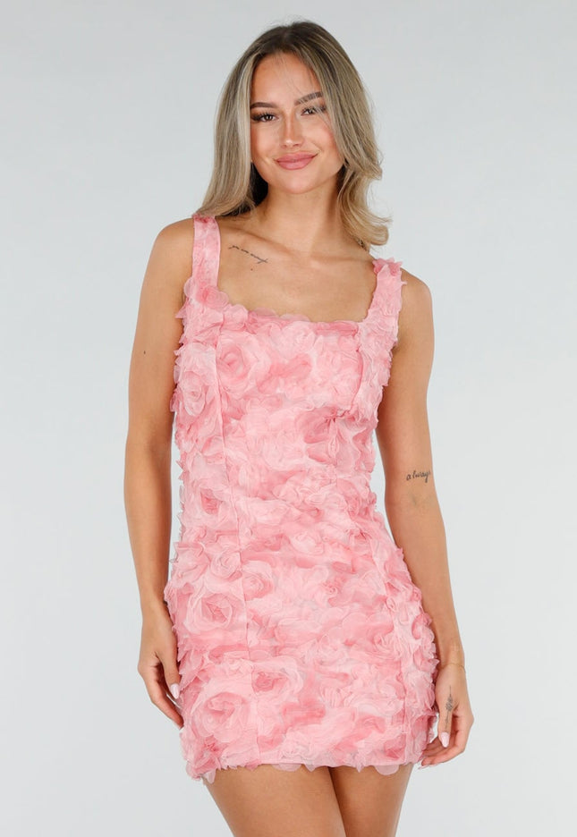 NEW080726 Roze 3D Bloemen Jurk met Brede Bandjes