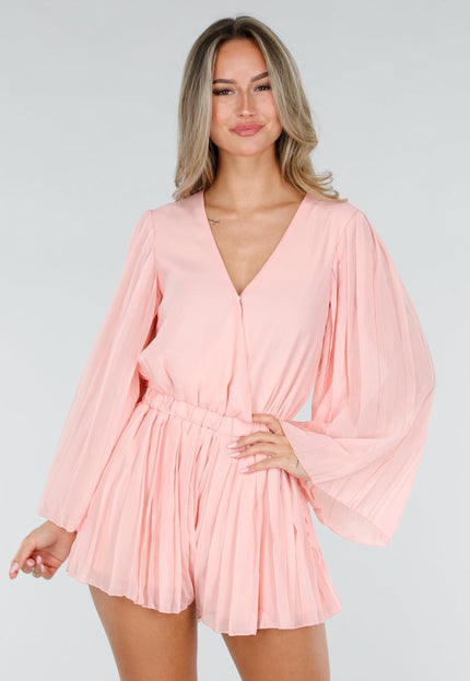 NEW080726 Zalmroze Plissé Playsuit met Overslag