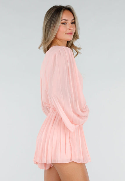 NEW080726 Zalmroze Plissé Playsuit met Overslag