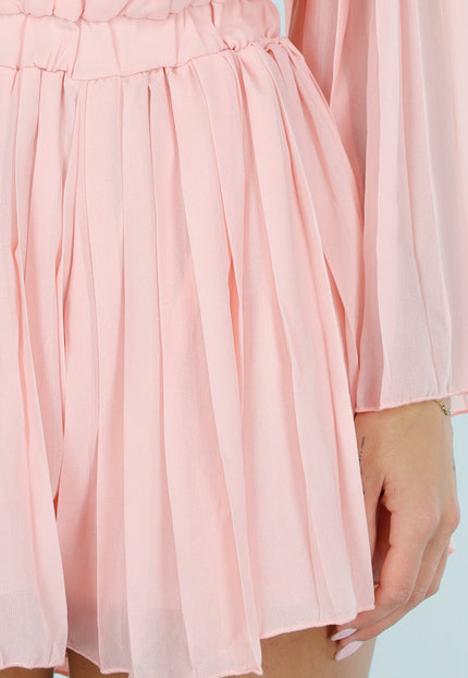 NEW080726 Zalmroze Plissé Playsuit met Overslag