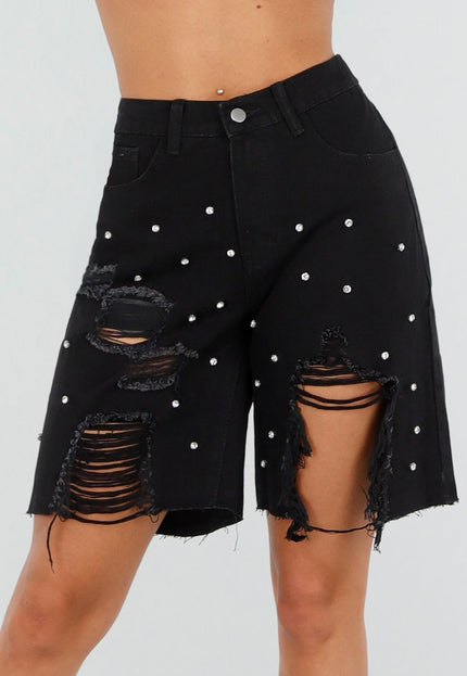 NEW080726 Zwarte Denim Bermuda Glitter Shorts