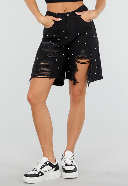 NEW080726 Zwarte Denim Bermuda Glitter Shorts