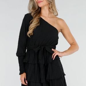 NEW080726 Zwarte One Shoulder Plissé Jurk