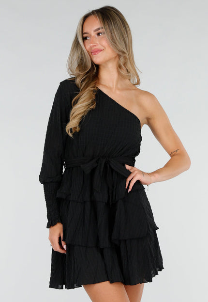 NEW080726 Zwarte One Shoulder Plissé Jurk