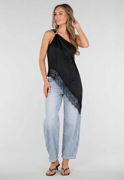 NEW080726 Zwarte One Shoulder Top met Kant