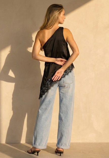 NEW080726 Zwarte One Shoulder Top met Kant
