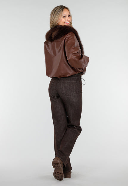 NEW081025 Bruine Lederlook Jas met Bontkraag