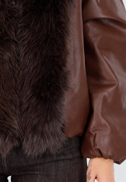 NEW081025 Bruine Lederlook Jas met Bontkraag