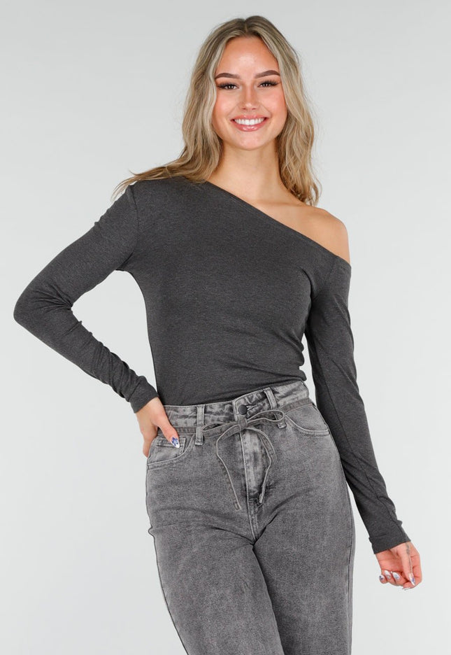 NEW081025 Donkergrijze One Shoulder Top