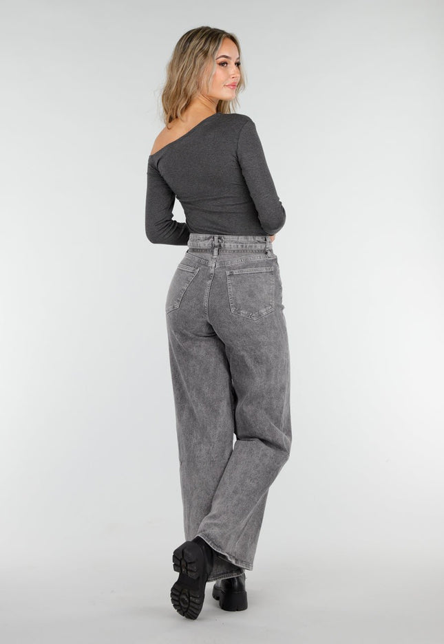 NEW081025 Donkergrijze One Shoulder Top