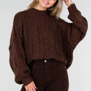 NEW081025 Grofgebreide Kabeltrui Bruin