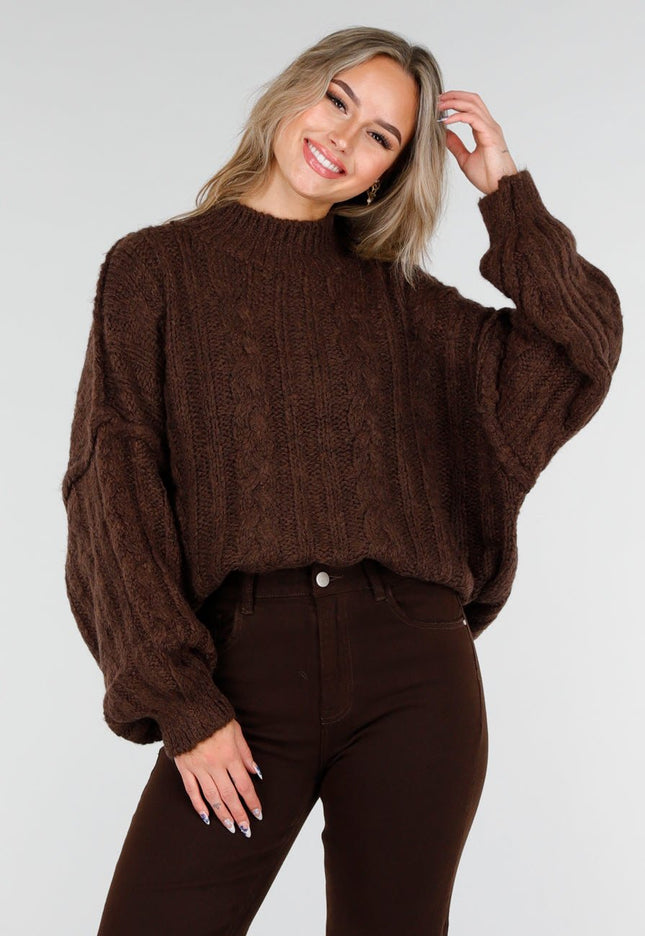 NEW081025 Grofgebreide Kabeltrui Bruin