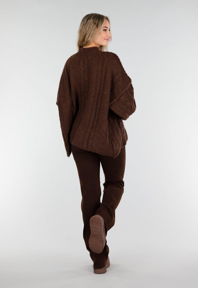 NEW081025 Grofgebreide Kabeltrui Bruin