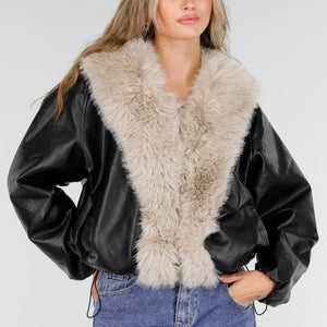 NEW081025 Jas Zwart met Beige Bontkraag