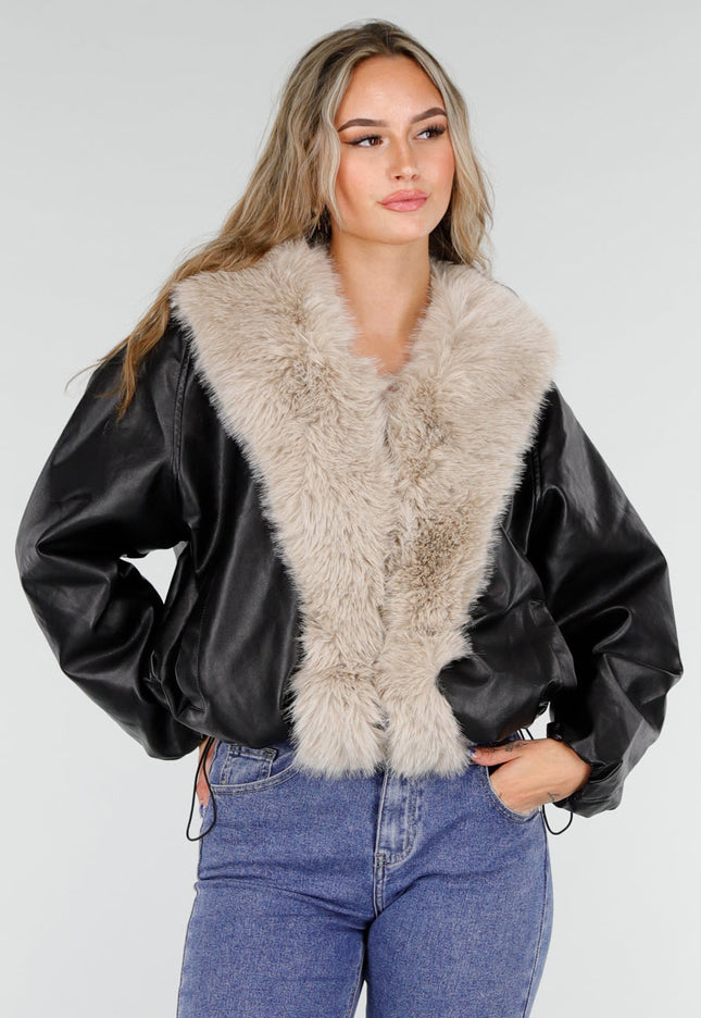 NEW081025 Jas Zwart met Beige Bontkraag