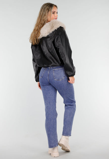 NEW081025 Jas Zwart met Beige Bontkraag