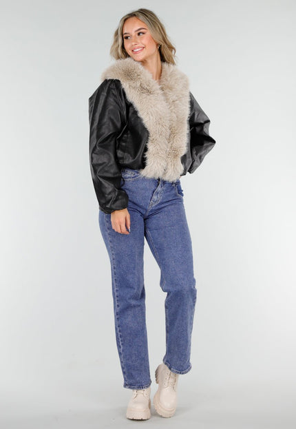 NEW081025 Jas Zwart met Beige Bontkraag