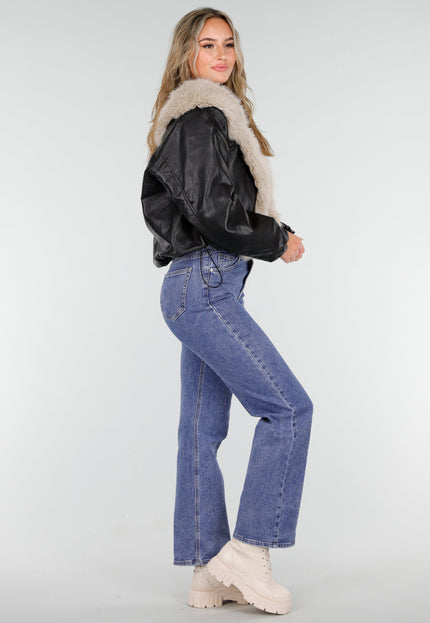 NEW081025 Jas Zwart met Beige Bontkraag