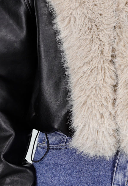 NEW081025 Jas Zwart met Beige Bontkraag