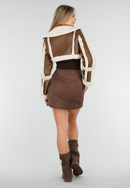 NEW081025 Korte Lederlook Jas met Bont