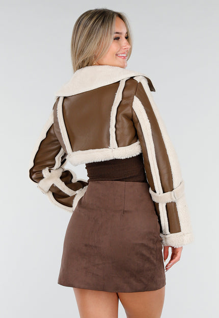 NEW081025 Korte Lederlook Jas met Bont